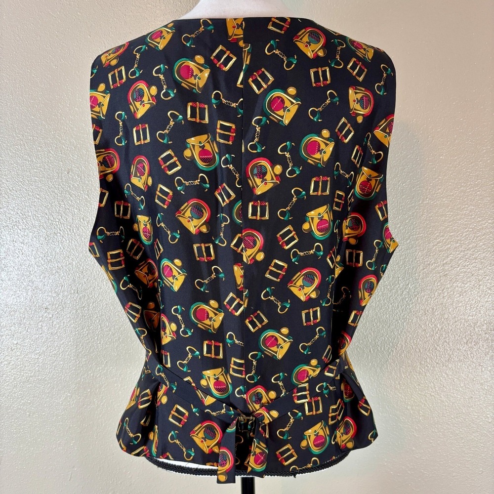Preston & York Vest Women's Large Black Equestrian Themed Vintage Silk Horse 80s - Picture 8 of 11